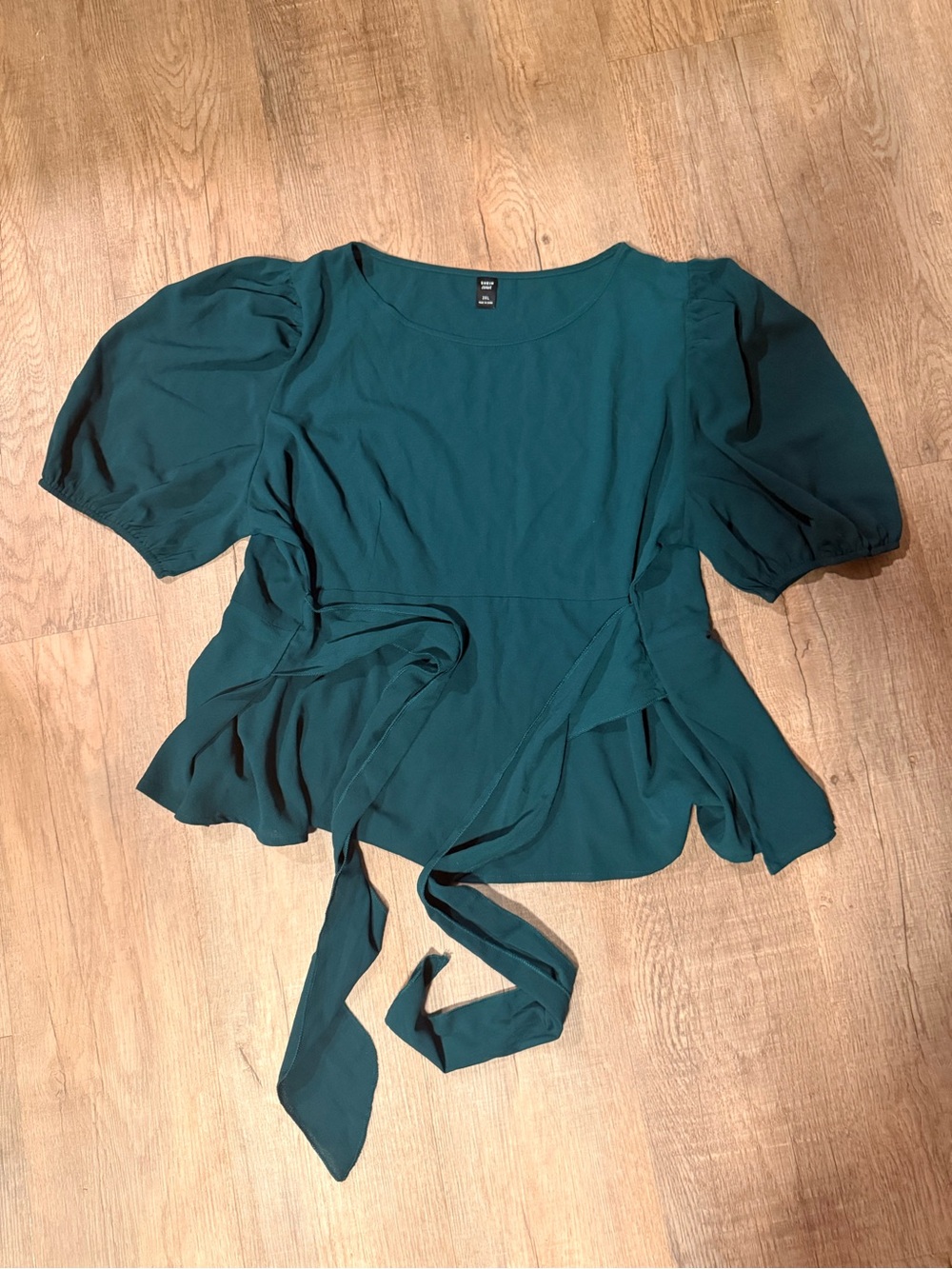 SHEIN Teal Puff-Sleeve Wrap Blouse